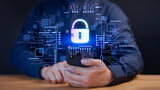 Fototapeta Na sufit - A business leader actively ensures the protection of personal data on smartphones through virtual screen interfaces, enhancing cyber resilience. Cybersecurity and privacy concept to protect data.