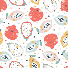 Sticker - Tropical Fruit seamless pattern. Vector cartoon childish background with cute smiling fruit characters in simple hand-drawn style. Pastel colors on a white background with polka dots