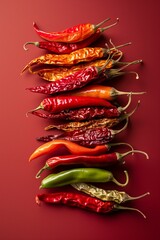 Poster - A vibrant assortment of fresh and dried chili peppers on a red background