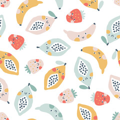 Sticker - Tropical Fruit seamless pattern. Vector cartoon childish background with cute smiling fruit characters in simple hand-drawn style. Pastel colors on a white background