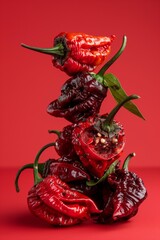 Wall Mural - Stack of glossy red hot chili peppers on a vibrant red background.