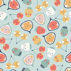 Sticker - Tropical Fruit seamless pattern. Vector cartoon childish background with cute smiling fruit characters in simple hand-drawn style. Pastel colors Perfect for printing fabrics, packaging, clothes