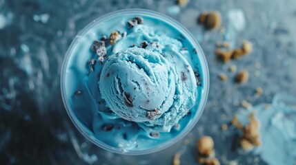 Poster - Close-up of a scoop of blue ice cream with cookie bits in a bowl on a textured background.