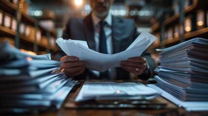 Poster - A man in a suit holding papers and looking at them, AI