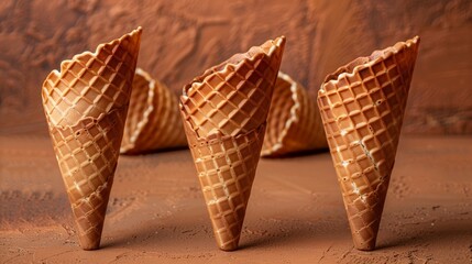 Wall Mural - Five empty waffle ice cream cones on a textured brown background