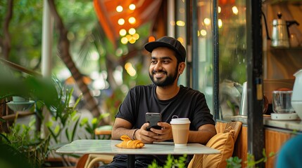 Handsome Multiethnic Man Sitting on a Terrace in a Cafe, Having a Cup of Coffee with Pastry. Happy Indian Man Connecting with Friends Online, Replying to Social Media Posts. copy space for text.