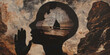 Silhouette of a Person with Sailing Ship Inside Head on Abstract Artistic Background