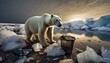 starving polar bear amidst human waste, symbolizing the urgent consequences of global warming. Background 3d rendering 
