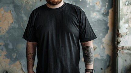 Canvas Print - Big size fat adult man model in Blank black T Shirt for design mockup