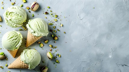 Sticker - Pistachio ice cream scoops in cones with scattered nuts on a gray background