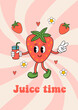 poster with cute strawberry, juice, flowers