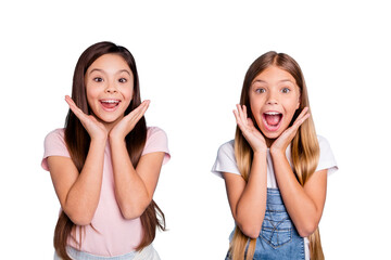 close-up portrait of two people nice cute attractive charming cheerful glad straight-haired pre-teen
