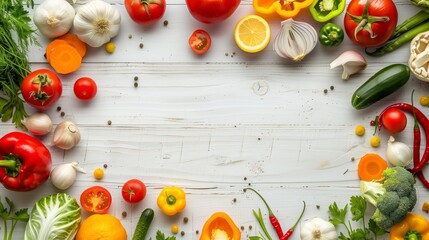 Wall Mural - Assorted fresh colorful vegetables spread on a white wooden background.
