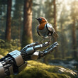 Robot sits in the forest with a robin. Future fantasy in which technology and nature
