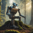 Robot sits in the forest. Future fantasy in which technology and nature meet peacefully