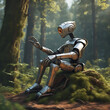 Robot sits in the forest. Future fantasy in which technology and nature meet peacefully