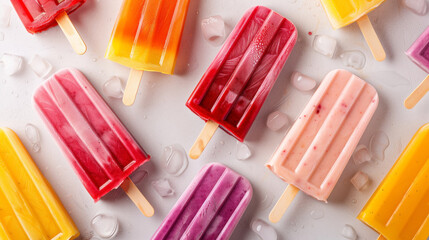 Canvas Print - Assorted colorful popsicles with ice cubes on a white background