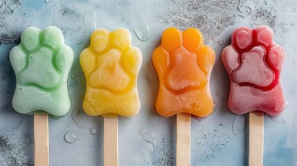 Sticker - Four colorful bear-shaped popsicles melting on a textured surface