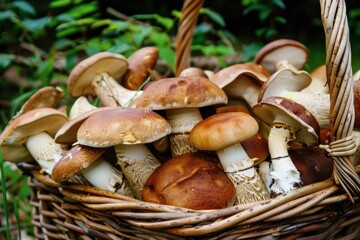 Wall Mural - basket full of edible different wild forest mushrooms