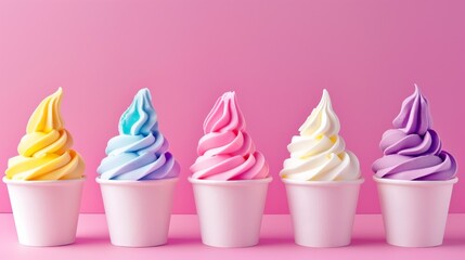 Sticker - Colorful soft serve ice cream in cups on a pink background