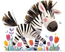 A Cartoon Zebra With A Pink Nose And Black Stripes Is Walking Through A Field Of Flowers.