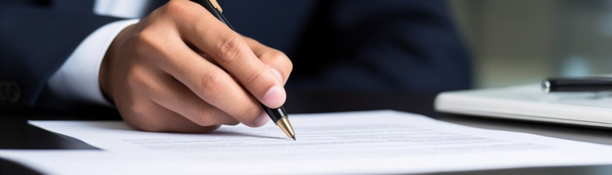 Closeup of a persons hands signing a bankruptcy filing, the pen and the stark paperwork foregrounded, emphasizing the gravity and finality of the legal decision