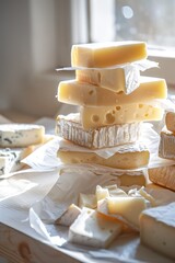 Wall Mural - Stack of various cheese types on a white plate with natural light