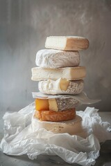 Wall Mural - A stack of various artisanal cheeses on a table with crumpled paper.