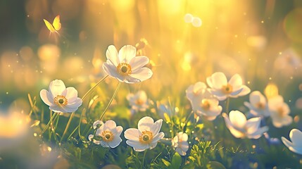 Wall Mural - Beautiful field meadow flowers chamomile and violet wild bells and three flying butterflies in morning green grass in sunlight, natural landscape. Delightful pastoral airy fresh artistic image nature.