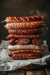 Wall Mural - A variety of grilled sausages stacked on butcher paper with a rustic backdrop