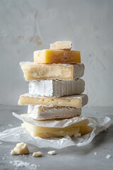 Poster - A stack of various types of gourmet cheese on a light background