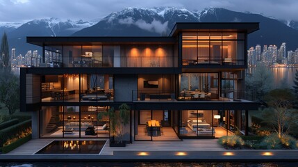 Wall Mural - Create a modern loft with panoramic views of Vancouvers stunning natural beauty, including snow-capped mountains, lush forests, and sparkling city