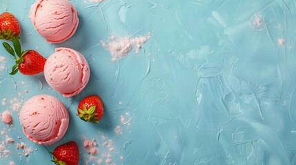 Sticker - Overhead view of strawberry ice cream scoops and fresh strawberries on blue.