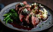 Juicy steak topped with blue cheese and broccolini served on a rustic plate, gourmet restaurant meal.
