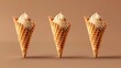 Three vanilla soft serve ice cream cones against a warm background