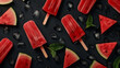 Watermelon slices, popsicles, and ice cubes arranged artistically on a dark surface.