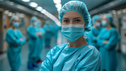 Wall Mural - Portrait of a female surgeon in the operating room. Group of surgeons at work.