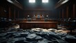 A dimly lit courtroom with empty chairs and a stack of bankruptcy files on the judges bench, conveying the aftermath and serious consequences of financial collapse