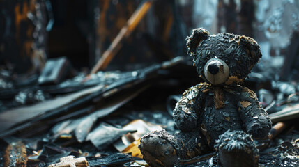 Wall Mural - Close-up of dirty shabby teddy bear against burned house destruction of consequences of military conflict. Generative AI
