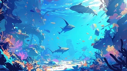 ocean world. Exotic seascape with fish, seaweeds and corals. Aquatic ecosystem. Illustration of underwater life. Undersea bottom.  ,Generative ai, Generative, Ai