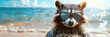 Chill and Stylish Raccoon Rocking a Hawaiian Shirt and Sunglasses, Cute funny cartoon raccoon on the beach wearing sunglasses. 