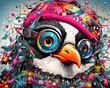 Closeup of a penguin with 1980s pop culture icons, colorful, detailed, whimsical tone