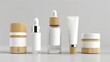 Plastic and wooden or bamboo cosmetics bottles mockup with blank labels, organic eco-friendly products and recyclable packages, minimalistic design for presentation, AI generated image