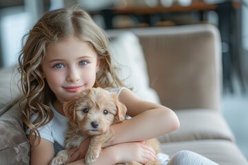 Young girl sharing a close and tender moment with a brown puppy pet,. Heartwarming moment of innocence, love and the simple joy of a child's interaction with an animal pet.