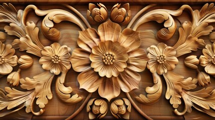 Poster - Abstract floral carving background with wooden texture, carved flowers and leaves, botanical hand made ornament, organic shapes, natural eco color palette, AI generated