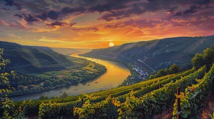 Wall Mural - Sunset over vineyard with river