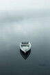 A small boat is floating alone on a calm lake, with no other distractions in the frame, emphasizing the sense of solitude and tranquillity. 