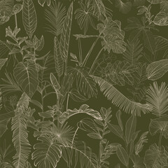 Elegant seamless pattern with green hand drawn line tropical leaves and flowers. Floral pattern. Vintage green background.