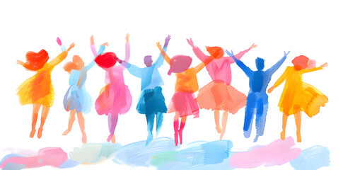 Wall Mural - Group silhouette of people with raised hands. People celebrate simple watercolor isolated on transparent background