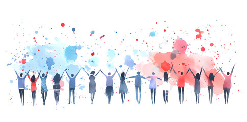 Wall Mural - Group silhouette of people with raised hands. People celebrate simple watercolor isolated on transparent background